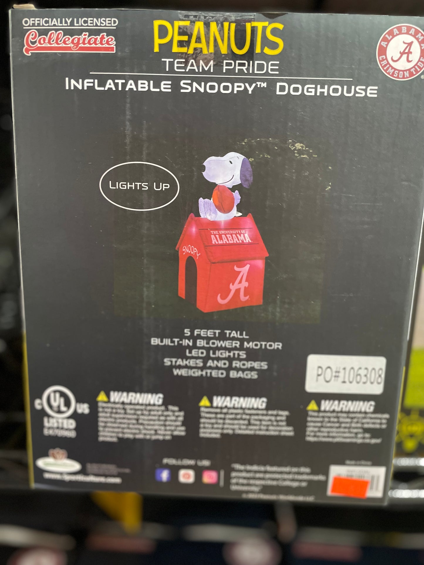 TEAM PRIDE ALABAMA PEANUTS INFLATABLE SNOOPY DOGHOUSE