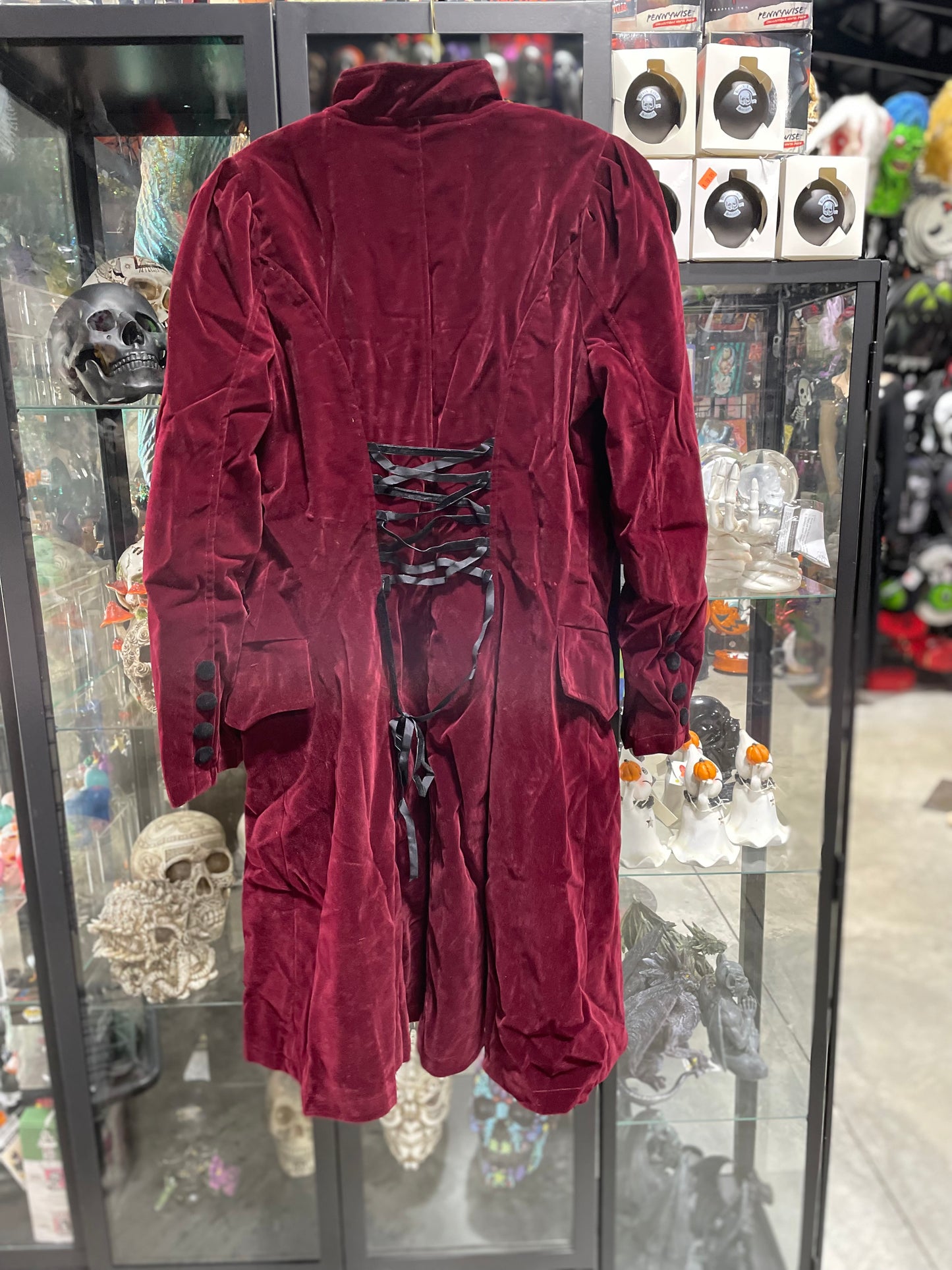VELVET RED GOTHIC LACE LONG COAT WITH BACK DRAWSTRING