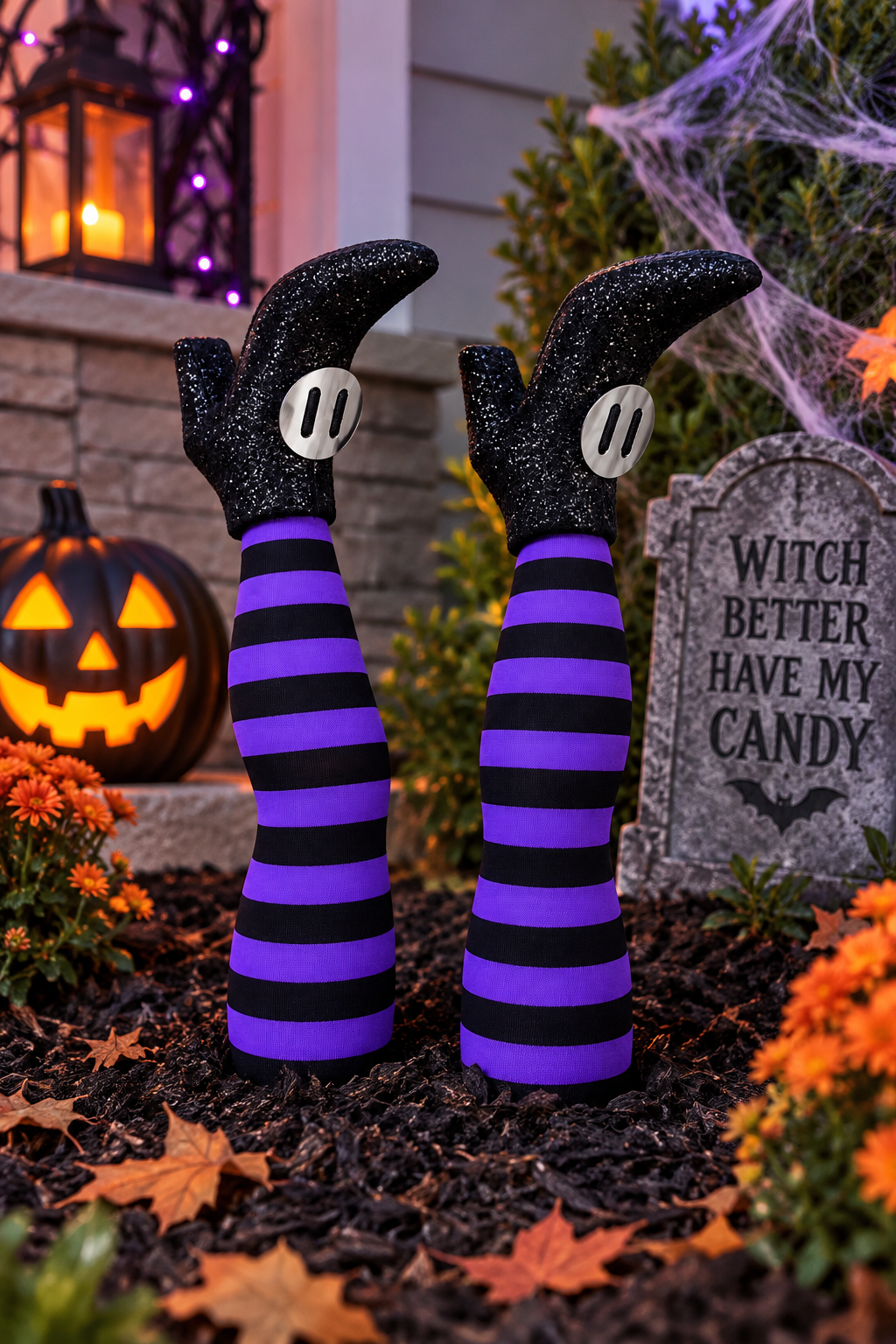 Purple & Black Striped Witch Legs Yard Stakes