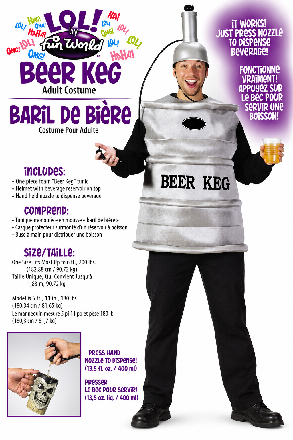 Beer Keg Adult Costume with Working Beverage Dispenser