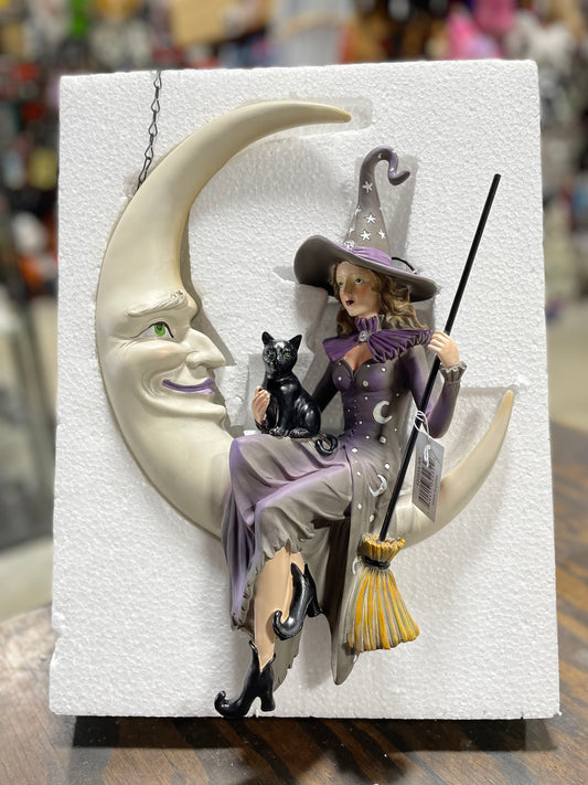 15 IN. CRESENT MOON W/ SITTING WITCH AND BLACK CAT ARROW