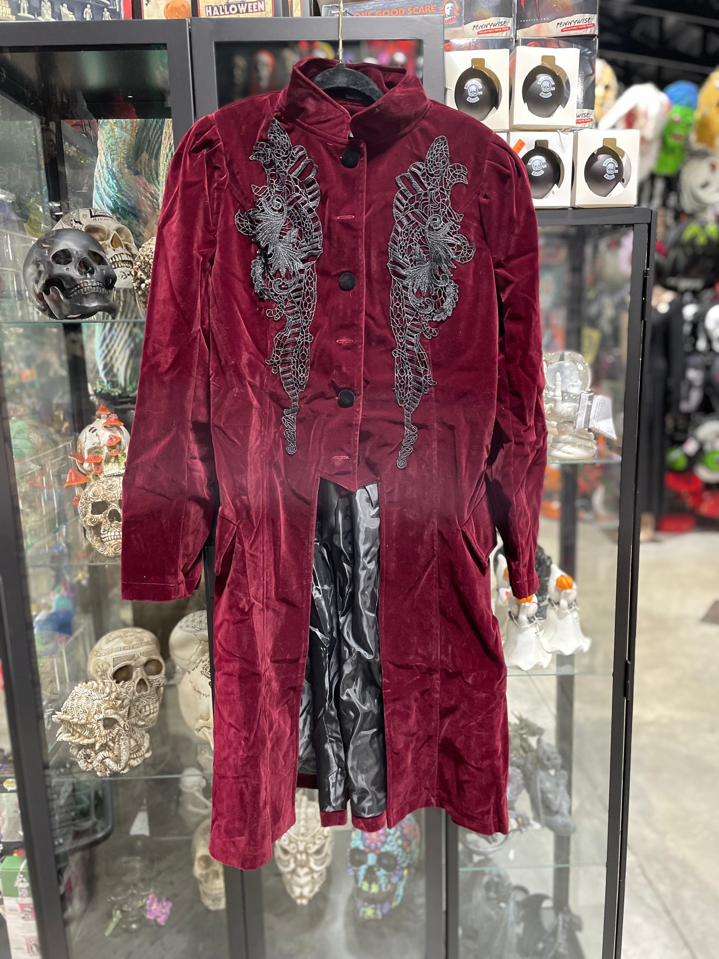 VELVET RED GOTHIC LACE LONG COAT WITH BLACK DRAWSTRING
