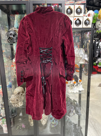 VELVET RED GOTHIC LACE LONG COAT WITH BACK DRAWSTRING