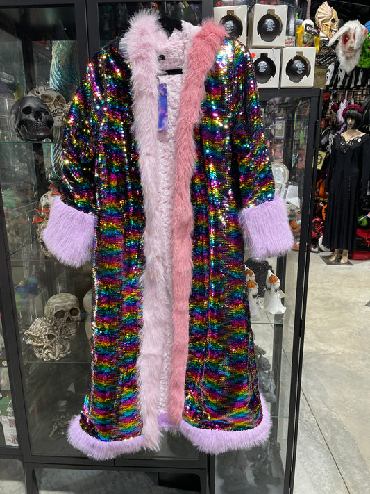 SEQUIN RAINBOW LONG COAT WITH FAUX FUR TRIM