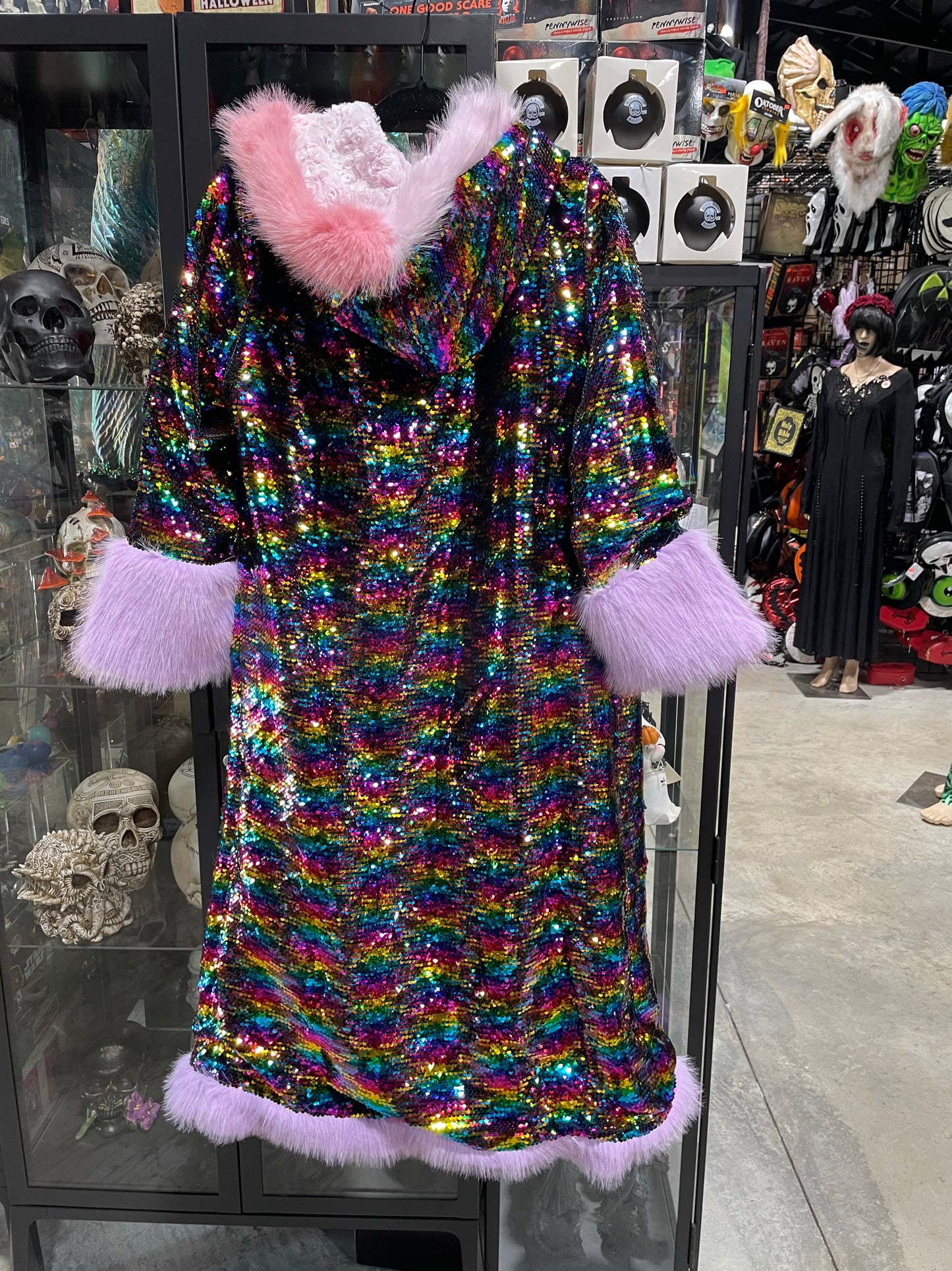 SEQUIN RAINBOW LONG COAT WITH FAUX FUR TRIM