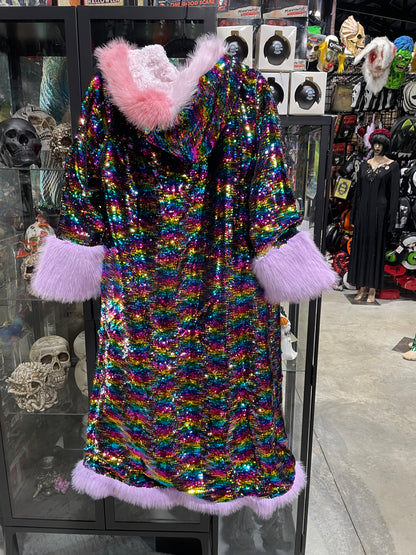 SEQUIN RAINBOW LONG COAT WITH FAUX FUR TRIM