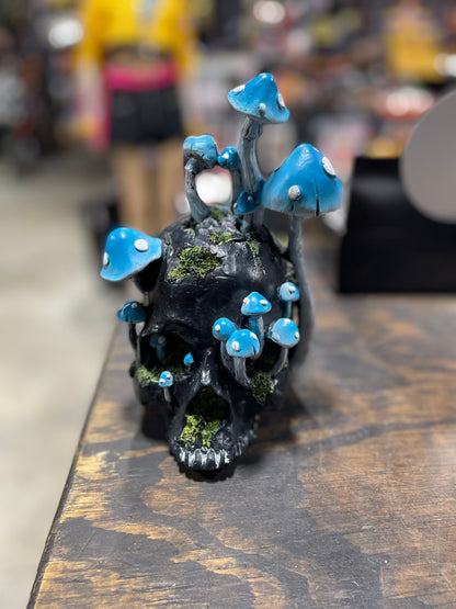 BLACK SKULL WITH MUSHROOMS
