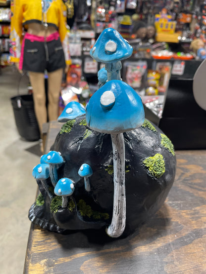 BLACK SKULL WITH MUSHROOMS
